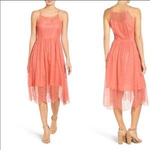 Cupcakes & Cashmere Coral Scalloped Hem Lace Sleeveless Midi Dress